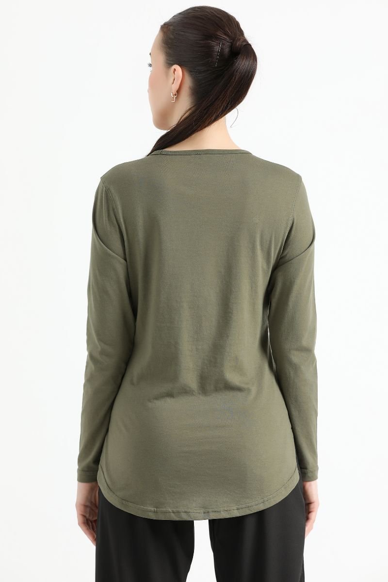 ELONGATED FULL SLEEVE COTTON TEE (ARMY GREEN) - Luna Active Fit