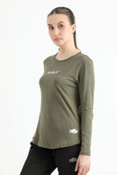 ELONGATED FULL SLEEVE COTTON TEE (ARMY GREEN) - Luna Active Fit
