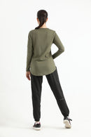 ELONGATED FULL SLEEVE COTTON TEE (ARMY GREEN) - Luna Active Fit