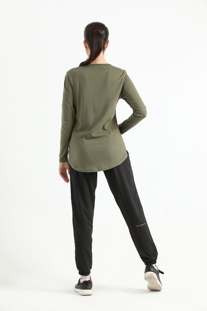 ELONGATED FULL SLEEVE COTTON TEE (ARMY GREEN)