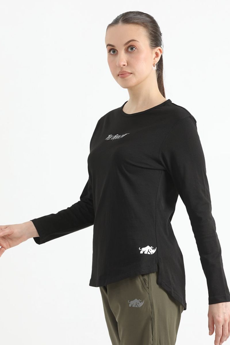 ELONGATED FULL SLEEVE COTTON TEE (BLACK) - Luna Active Fit