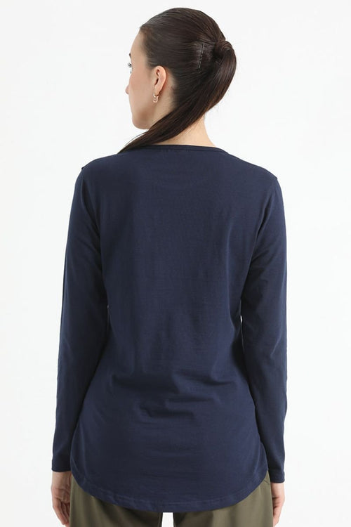 ELONGATED FULL SLEEVE COTTON TEE (NAVY BLUE) - Luna Active Fit
