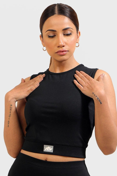 VELOCITY RIBBED CROP TOP (JET BLACK) - Luna Active Fit